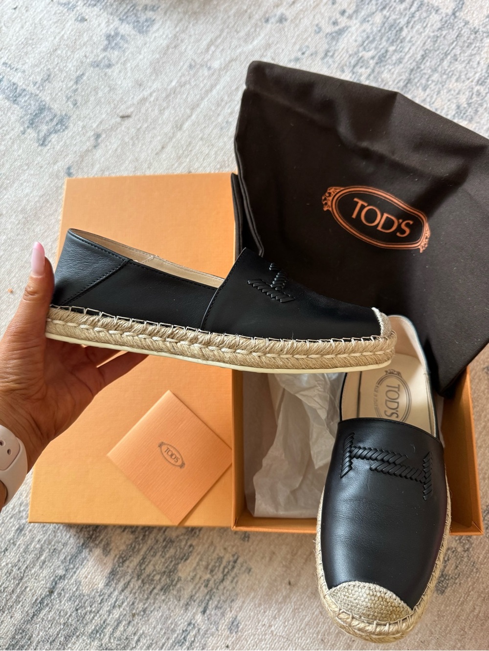 TOD'S Black Leather Espadrille Slip-On
